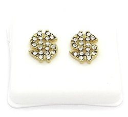Mens Gold Tone Cz Micro Pave Iced Out Hip Hop 12MM Money Sign Stud Earrings Bullet Backs