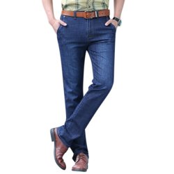 Mens Casual Business Loose Elastic Back Zipper Pocket Straight Leg Basic Jeans