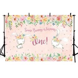 Comophoto Bunny Birthday Backdrop 7X5FT Girl First Birthday Party Banner Pink Rose Flowers Glitter Photography Background Photo Booth Some Bunny Is Turn One Candy