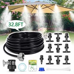 Hiraliy Misting System Outdoor Misting Cooling System 32.8FT 10M Misting LINE+10 Mist NOZZLES+3 4" Metal Threaded Adapter For Patio Garden Greenhouse Umbrellas Trampoline