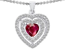 Star K 6MM Heart-shape Created Ruby Double Halo Pendant Necklace