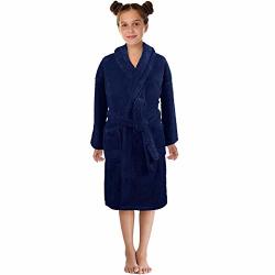 3-12T Toddler Boys Girls Flannel Bathrobes Spa Bath Towel Night-gown Pajamas Sleepwear Home Wear With Pockets Navy 6-8 Years