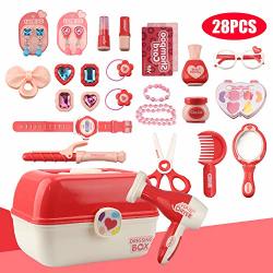 Little Girls Pretend Play Makeup Set Princess Toy Box With Jewelry Kit Cosmetic Accessories And Illuminated Watch For Kids Children 3 4 5 Years 28PCS