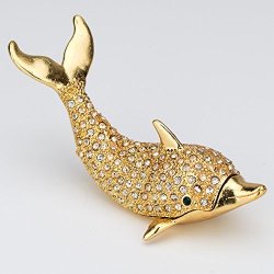 Lilly Rocket Collectible Trinket Box With Rhinestone Bejeweled Swarovski Crystals - Large Gold Dolphin