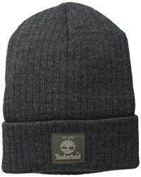 Timberland Men's Heathered Ribbed Watch Cap With Patch Logo Charcoal One Size