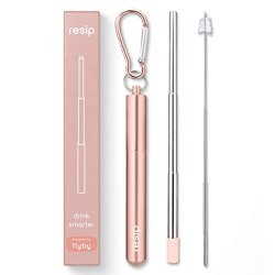 Flyby Portable Reusable Drinking Straws Collapsible & Foldable Telescopic Stainless Steel Metal Straw Dispenser Final Aluminum Case Long Cleaning Brush Silicone Tip Rose Gold 1-PACK