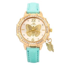 Sinma Women Fashion Quartz Wrist Watch Charm Butterfly Rhinestone Pendant Gold Tone Leather Analog Watch Green