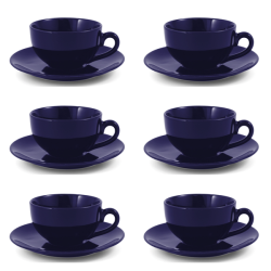 Navy Ceramic Tea Or Coffee Cups And Saucers + Teaspoons - 220ML - Set Of 6