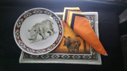 ClikKlik Handmade Designer Dinner Placemats And Serviettes - Sunset Silhouette With Hand Painted Rhino Plate