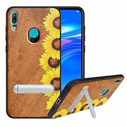 Hhdy Compatible With Huawei Y7 2019 Case Y7 Prime 2019 Case With Metal Kickstand Hard Natural Wood Back With Flexible Tpu Bumper Wooden Cover Sunflower