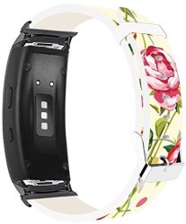 Samsung Galaxy Gear FIT2 Pro Strap Leather Replacement - Samsung Galaxy Gear Fit 2 FIT2 Pro Bands Black Connectors Flower Rose Pink Color Art Pattern Design
