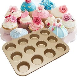 Nonstick Cake Pans Non-stick 12 Cups Muffin Bun Bakeware Mold Carbon Steel Fluted Cake Baking Pan Gold
