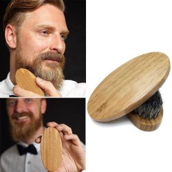 Men's Natural Boar Bristle Beard Mustache Brush Military Round Wood Handle Comb Color: Tan