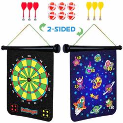 Power Your Fun Magnetic Dart Board For Kids - 2 Sided Roll Up Dartboard Indoor Games For Kids With 6 Magnetic Darts And 6 Balls