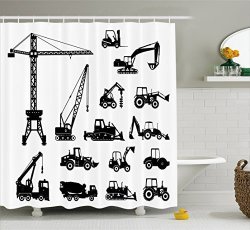Construction Shower Curtain By Ambesonne Black Silhouettes Concrete Mixer Machines Industrial Set Trucks Tractors Fabric Bathroom Decor Set With Hooks 105 Inches Extralong Black White