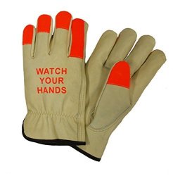West Chester 990KOTT "watch Your Hands" Lined Grain Cowhide Driver Glove Large Hi-viz Orange Pack Of 12