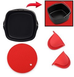 Air Fryer Non-stick Baking Pan Fits Philips Airfryer Gowise Usa Power Airfryer Cozyna Avalon Bay & Premium Silicone MINI Oven Mitts & Silicone Trivet-air
