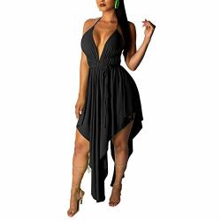 Women's Deep V Neck Sleeveless Spaghetti Strap Summer Asymmetrical High Low Belted Party Beach Floral Maxi Dress Black XL