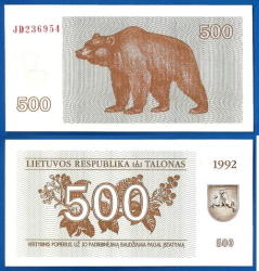 Lithuania 500 Talonas 1992 Unc Litu Animal Litas Europe Banknote