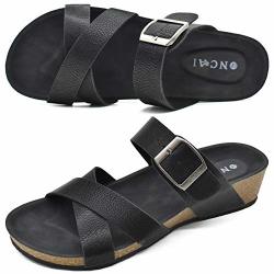 Oncai Women's Black Platform Sandals Fashion Cross Beach Cork Wedge Sandals-summer Slip-on Leather Flatform Sandals With Rubber Soles Size 8