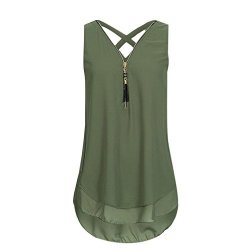 Plus Size 5XL Summer Tank Top Womens Tunic Zipper V Neck Tops Sleeveless Criss Cross Casual Ladies Clothes Women Army Green 5XL