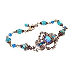 Blue Crystal Bridal Bracelet With Vintage Style Antiqued Brass Filigree Made With Swarovski Elements