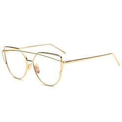 Fashion Azorb Women Cat Eye Sunglasses Metal Frame Mirrored Flat Lens Clear Lens gold Frame 56