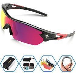 Torege Polarized Sports Sunglasses With 5 Interchangeable Lenes For Men Women Cycling Running Driving Fishing Golf Baseball Glasses TR002 Black Red &red Lens