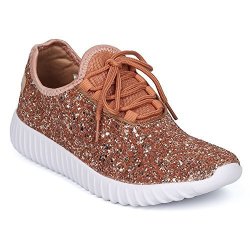 Women's Glitter Lace Up Fashion Sneakers Casual Dressy Versatile Fashion Light Weight Sparkle Slip On Wedge Platform Sneaker Rose Gold 7.5