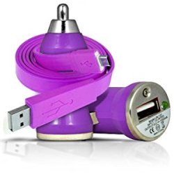 Purple Htc One M8 Super Fast Flat Micro Usb 1 Metre Data Sync Charge Cable & 12v In Car Usb Bullet
