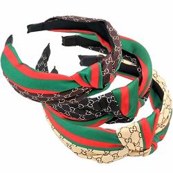 Domoki Designer Red Green Stripe Headbands - 3 Pack Fashion Bow Knot Cc Letter Print Hair Hoops For Women - Retro Wide Cross Knot
