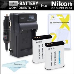 PACK 2 Battery And Charger Kit For Nikon Coolpix P900 P610 P600 Wi-fi Digital Camera Includes 2 Extended Replacement 2200mah En-el23 Batteries + Ac dc
