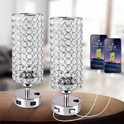 Focondot USB Crystal Table Lamp With Press Switch Stylish Nightstand Lamps With Dual USB Charging Port Silver Bedside Lamp Perfect For Bedroom Living Room