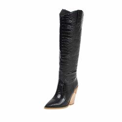 Haoricu Knight Boots Ladies Wedges Locomotive Boots - Cowboy Boots-comfortable Over The Knee Boots Black 37