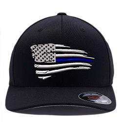 Thin Blue Line Hat. Custom Embroidered Flexfit Cap. S m Black 003