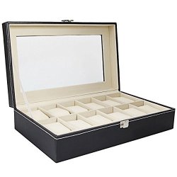 Tenozek 12 Slots Pu Leather Watch Box Display Jewelry Case Organizer