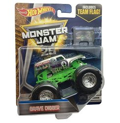 Hot Wheels Monster Jam Grave Digger With Team Flag Chrome 7 7 1:64 Scale Truck