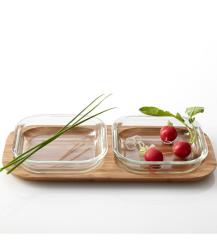 Wooden Serving Platter With 2 X Glass Bowls Gusto 3 Pieces