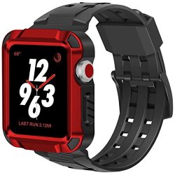 Iiteeology Compatible Apple Watch 3 Case Aluminum Rugged Protective Case With Black Strap Bands For Apple Watch 42MM Series 3 2017 SERIES 2-RED