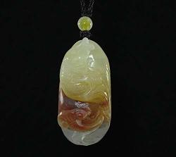 1.9"CHINA Certified Nature Yellow Dragon Jade Fortune Gold Fish And Ruyi Fine Carved Necklace