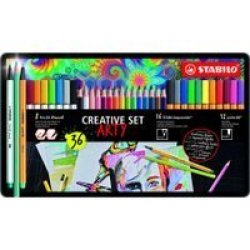 Arty Creative Set - Brush Pens Watercolour Pencils & Fineliners Metal Box Of 36