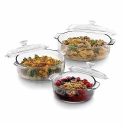 3-PIECE Glass Casserole Baking Dish Set With Covers Clear Round 6 Piece Dishwasher Safe
