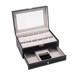 Byya 12 Slot Double-layer Black Pu Leather Lockable Watch Storage Boxes Men & Women Jewelry Display Drawer Case With Glass Top Drawer Birthday Gifts
