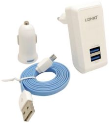 LDNIO 2.1A 3 In 1 Wall + Car Charger 2 USB Port With Micro USB Cable