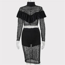 Yissang O Neck Long Sleeved Lace Top And Skirt - Black XL