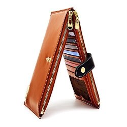 Womens Andoilt Genuine Leather Wallet Rfid Blocking Credit Card Holder Zipper Purse Cell Phone Handbag Brown