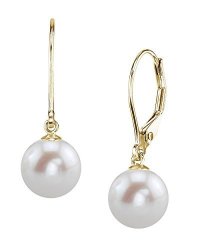 The Pearl Source 14K Gold 9-10MM Aaaa Quality High Luster Round White Freshwater Cultured Pearl Leverback Earrings For Women