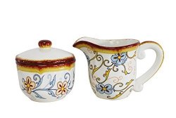 Euro Ceramica Duomo Collection Italian-inspired Ceramic Creamer & Lidded Sugar Bowl 3 Piece Set Floral Design Multicolor