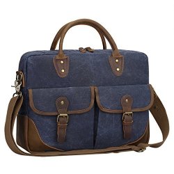 On - S-zone Vintage Canvas Leather Messenger Bag Briefcase 15.6-INCH Laptop Tote Shoulder Bag Blue