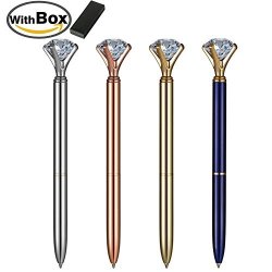 Beatbasic Big Crystal Diamond Tip Pens Rhinestone Pen - Bling Bling Metal Ballpoint Pen With Black Ink - Pack Silver Navy Blue Gold Rose
